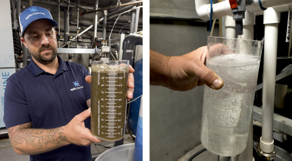 Ryan Pulley of Epic Cleantec holds a beaker of graywater. Right: A beaker of potable treated graywater. TED WOOD